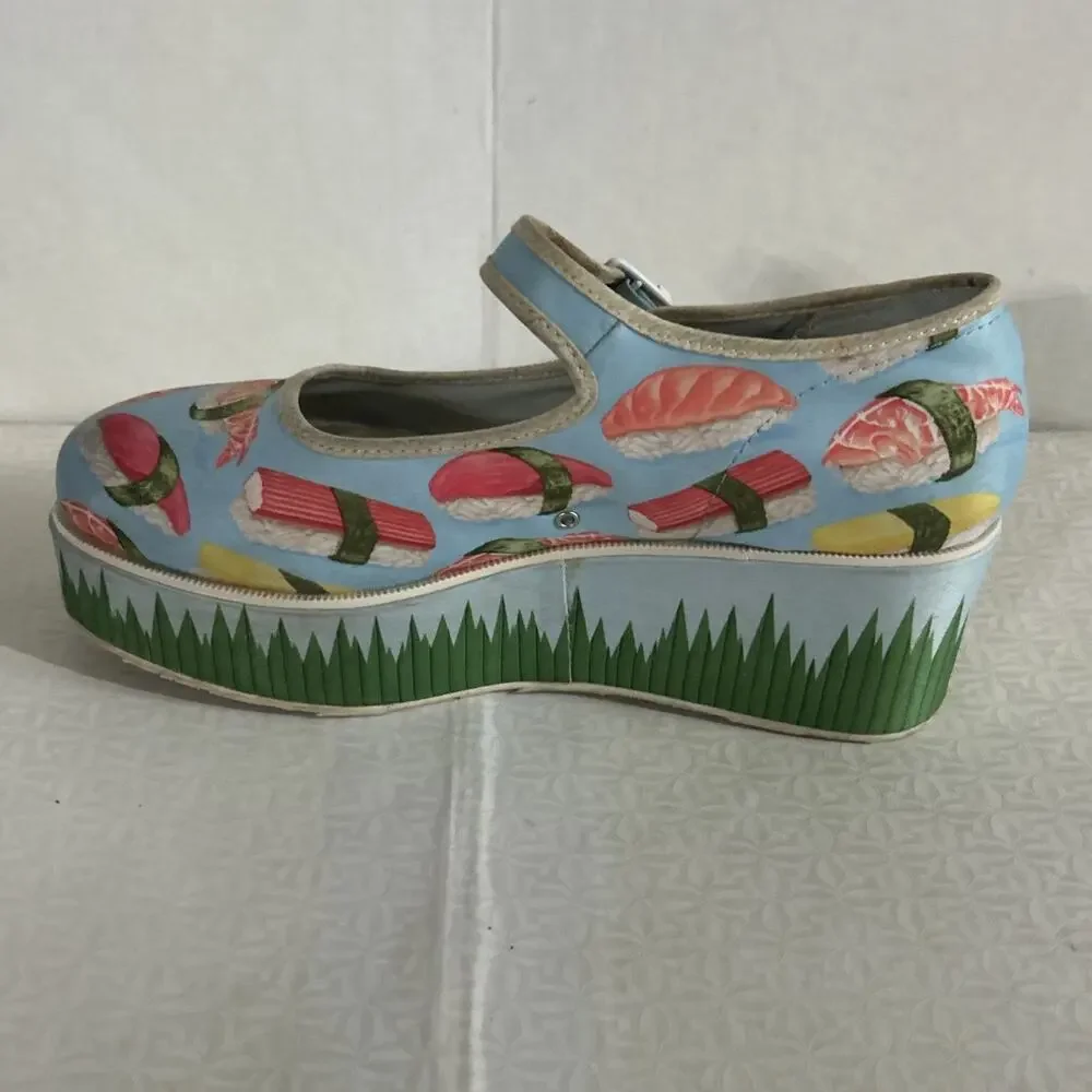 Hot Chocolate Design Sushi Mary Jane Platform Shoes Blue Novelty Women's Size 7